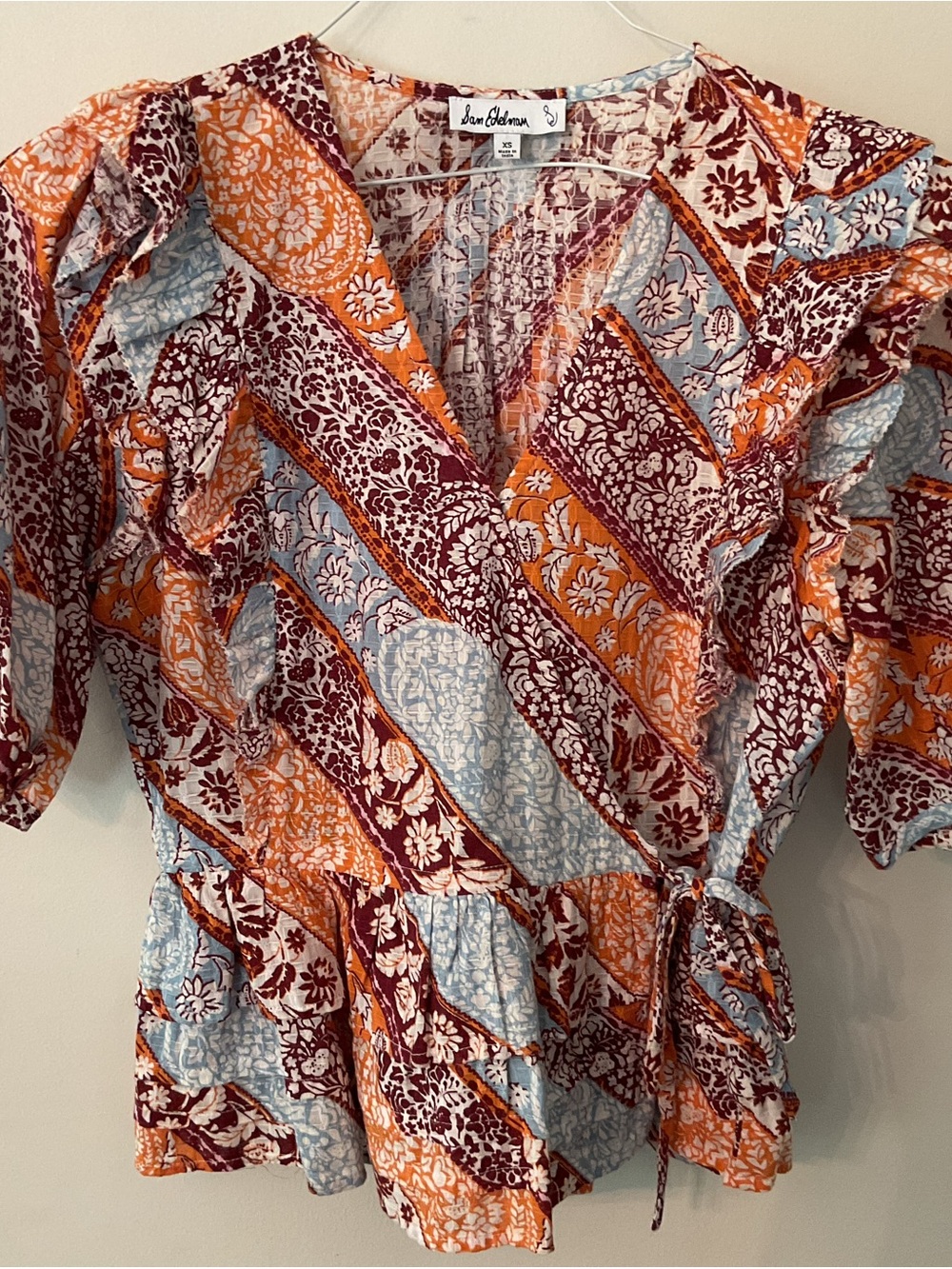 Sam Edelman Floral Patchwork V-Neck Tunic - Rust, Light Blue & orange